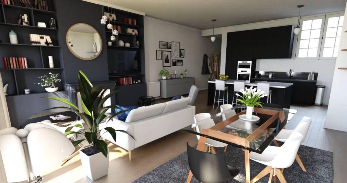Projet 3D d’architecte d’intérieur : séjour avec cuisine ouverte