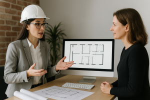 Femme architecte debout à côté d’un client, tous deux discutant devant une table sur laquelle est posé un ordinateur affichant un plan 2D d’une maison. L’architecte montre des éléments du plan à l’écran, tandis que le client écoute attentivement. L’environnement est lumineux et professionnel.
